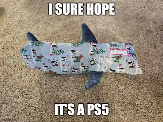 A shark-shaped object wrapped in festive holiday-themed wrapping paper lies on a beige carpet. The text overlaid in bold…