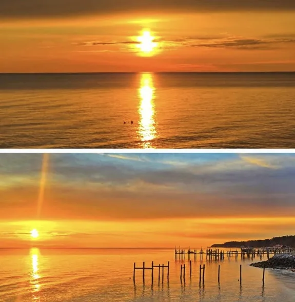 The image is split into two horizontal panels. The top panel shows a serene sunset over the ocean with two small figures…