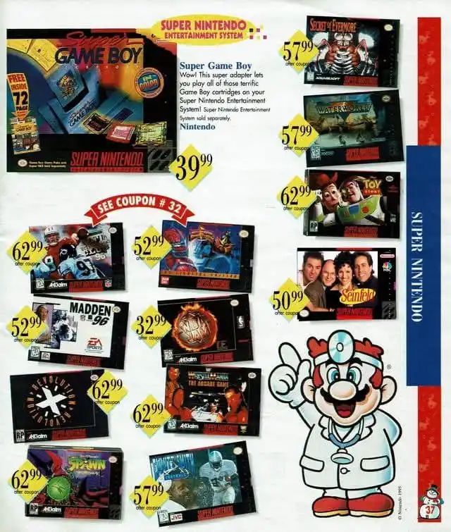 A vintage Super Nintendo Entertainment System advertisement page featuring various game cartridges like 'Secret of…