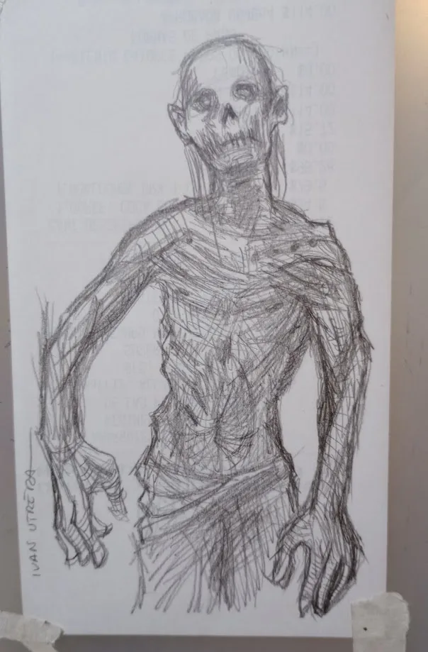 A pencil sketch of a gaunt, skeletal humanoid figure with visible ribcage and skull, drawn on paper with faint background…