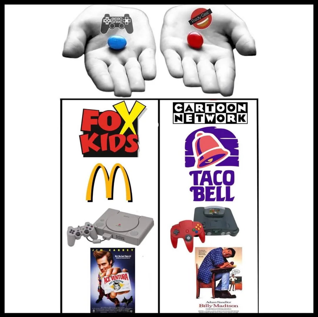 Two hands, one with a game controller tattoo and a blue candy, the other with a Freddy Fazbear logo tattoo and a red candy…