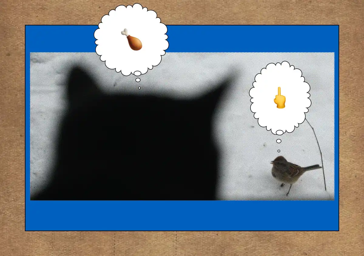 A blurry photo shows a large dark shadow of a person and a small bird in snow, each with a thought bubble: one contains a…