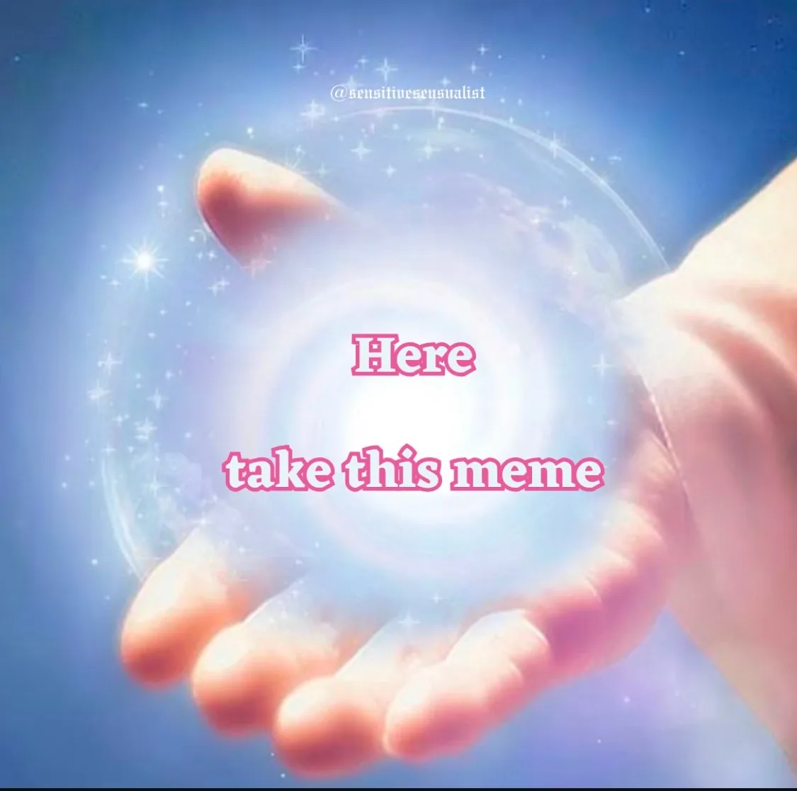 A hand is shown palm-up, offering a glowing, sparkling orb against a blue, starry background. Overlaid in pink text are the…