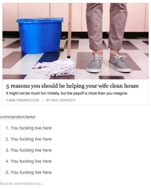 A screenshot of a webpage article titled '5 reasons you should be helping your wife clean house' with a photo of a person's…