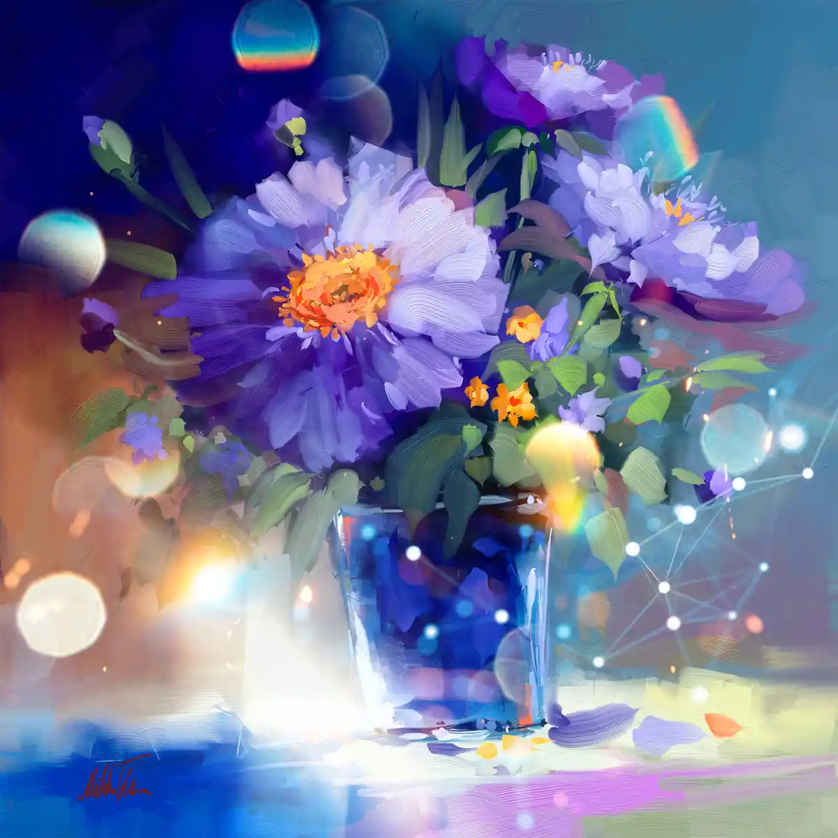 A vibrant digital painting shows a bouquet of purple and white flowers with orange centers in a glass vase, set against a…