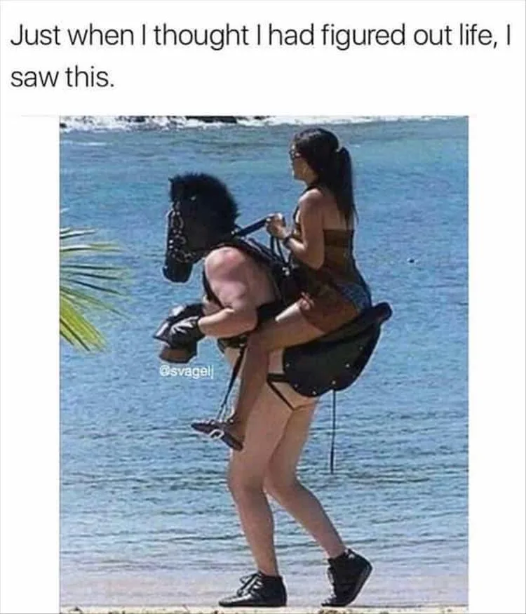 A man wearing a black horse-head mask and a harness carries a woman on his back as if she were riding a horse, while…