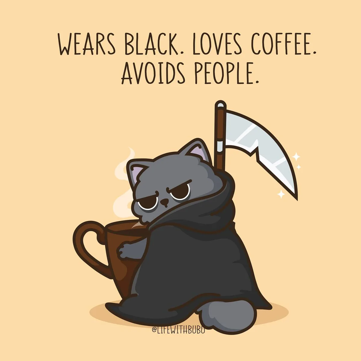 A cartoon gray cat dressed in a black hooded cloak, holding a steaming coffee mug, with a scythe on its back, against a…