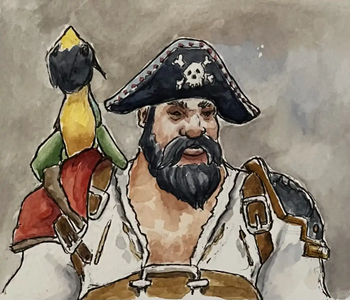 A watercolor painting shows a bearded man in a pirate hat with a skull and crossbones emblem, wearing a white shirt and…