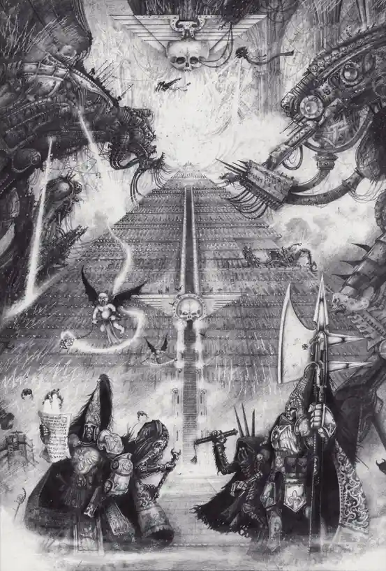 A black-and-white fantasy illustration depicts a grand, ominous pyramid-like structure with skulls and mechanical elements…