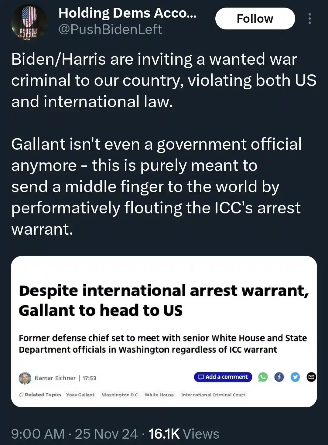 A screenshot of a social media post by @PushBidenLeft criticizing the U.S. government for inviting Yoav Gallant, a former…