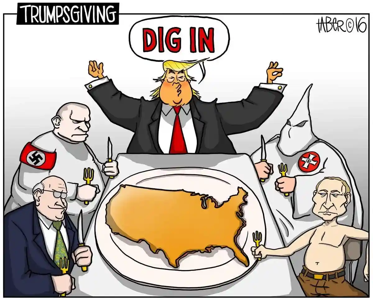 A cartoon depicts Donald Trump at a dinner table with four other figures, including a Nazi, a Ku Klux Klan member, a man in…