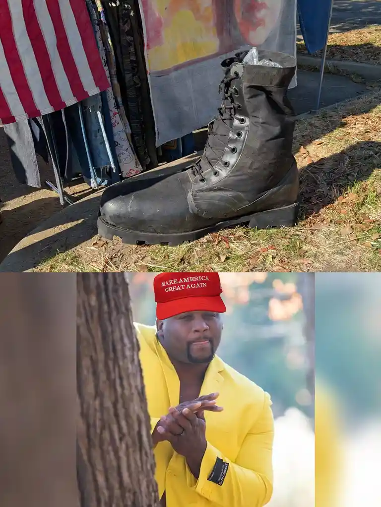 The top half shows a large black combat boot sitting on grass near a clothesline with an American flag. The bottom half…