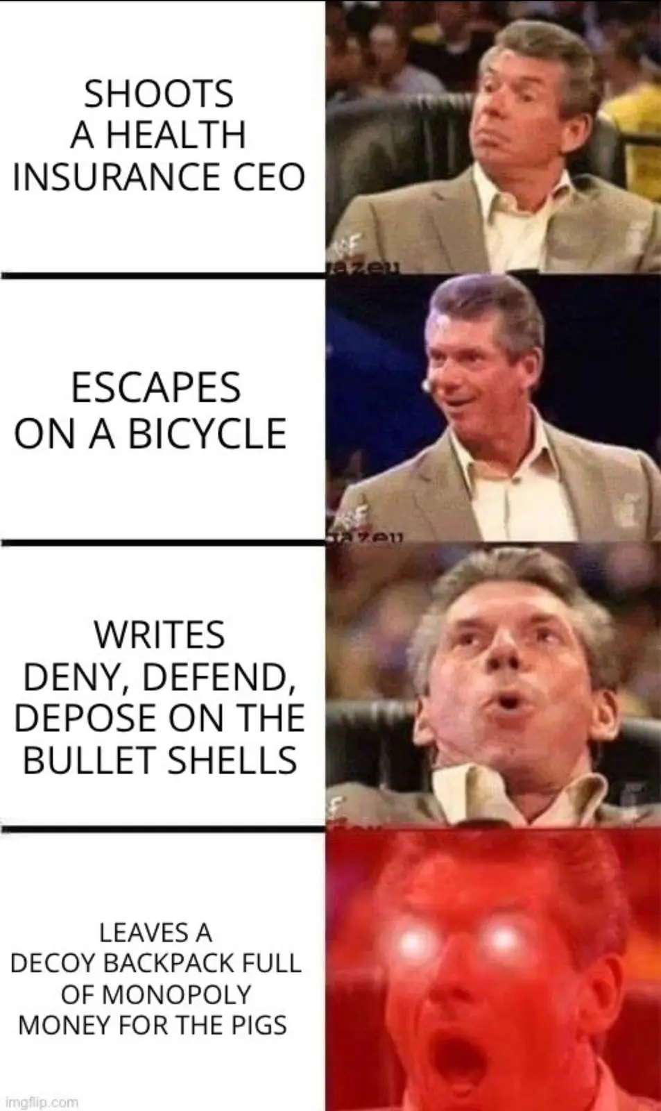 A four-panel meme featuring a man in a suit reacting with increasing shock. The text describes a fictional scenario…