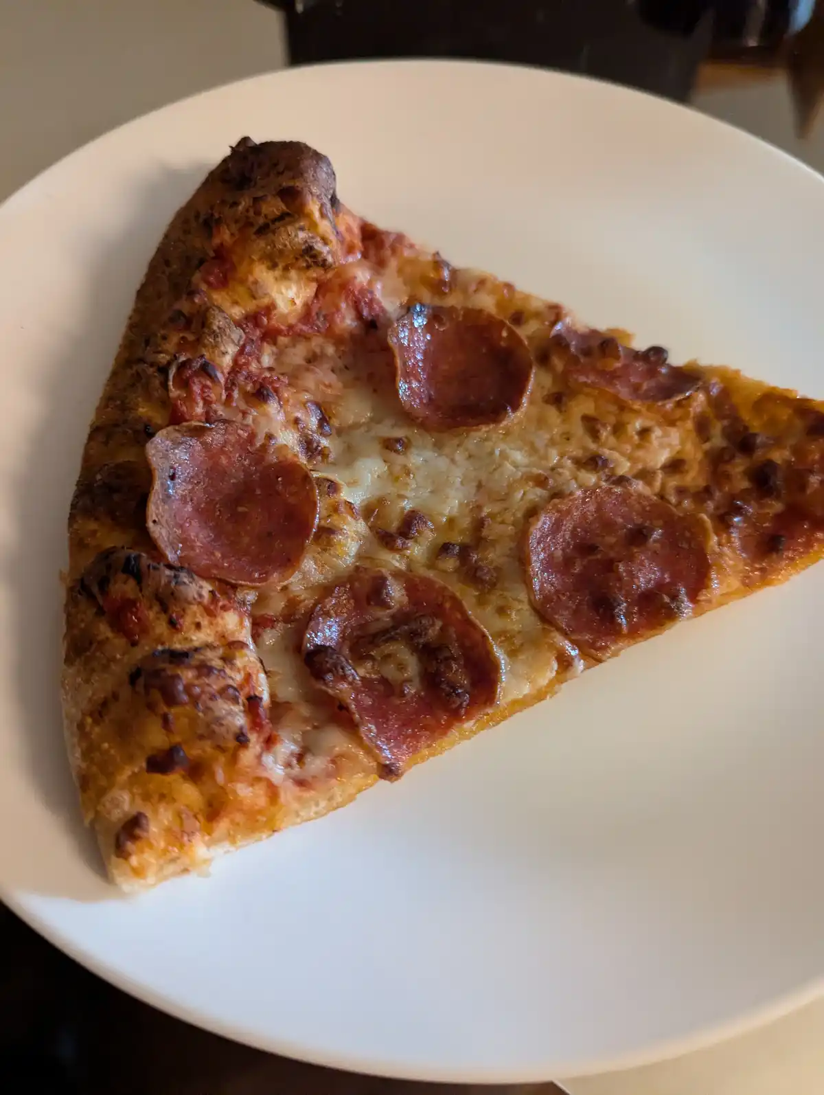 A close-up photo shows a single slice of pepperoni pizza on a white plate, with visibly charred and burnt crust and…
