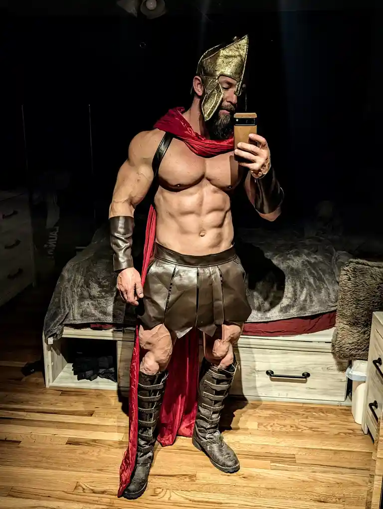 A muscular man with a beard, wearing a gold Spartan helmet, red cape, leather armor, and greaves, takes a mirror selfie in a…