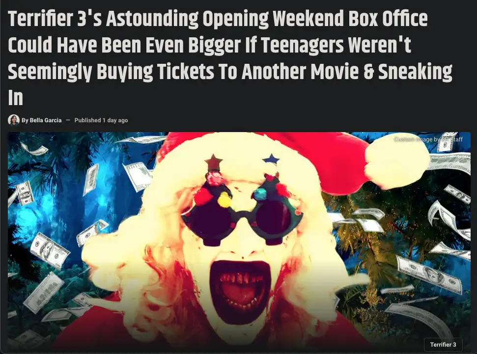 A digitally altered image shows a person in a Santa hat and colorful goggles with a wide-open screaming mouth, set against a…