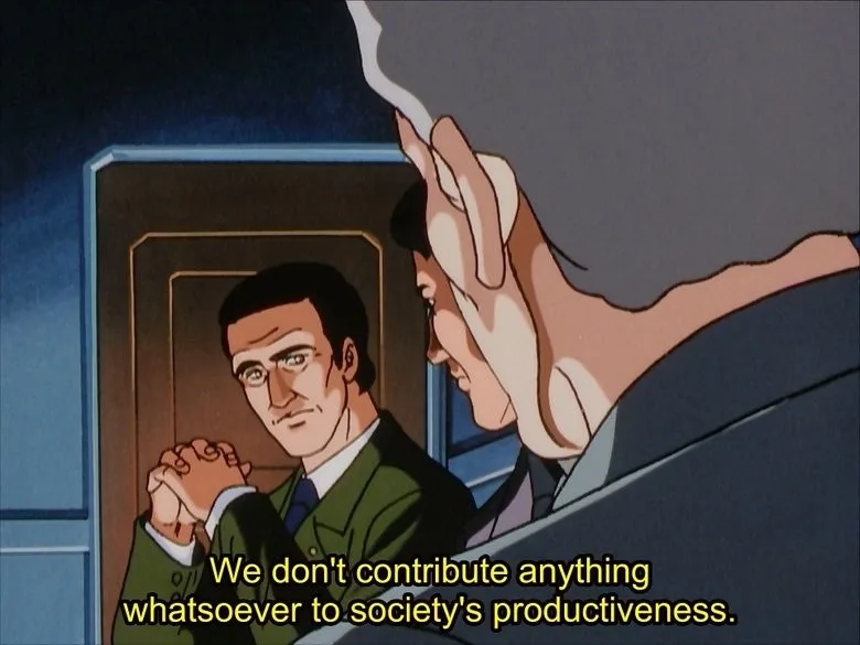 An anime scene shows a man in a green suit with clasped hands looking at another man who is smoking and holding the…
