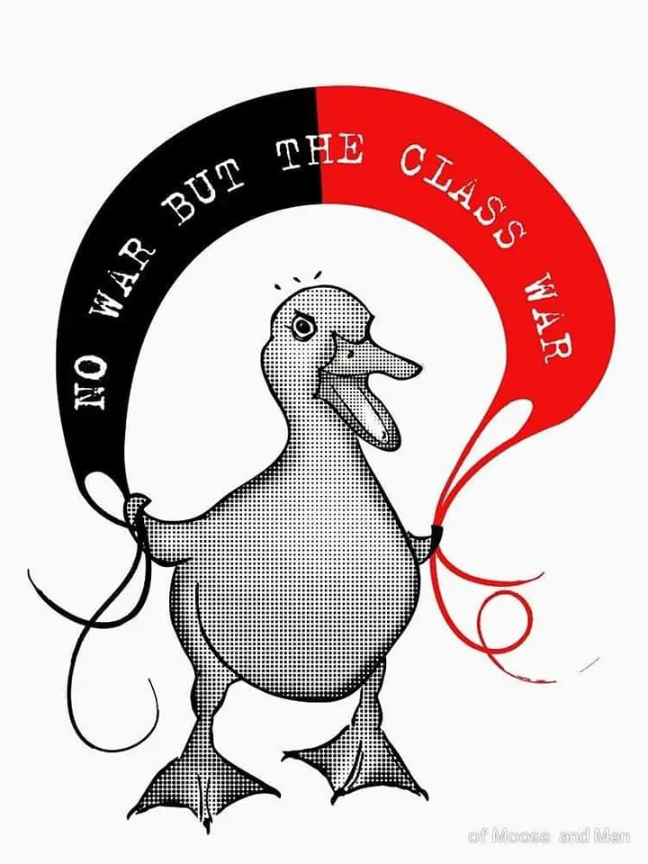 A stylized halftone duck stands centrally, holding a black-and-red banner that curves around it. The black half of the…