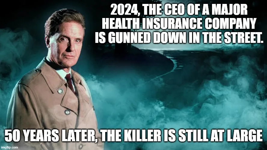 A man in a beige trench coat and red tie stands against a dark, smoky, teal-hued background. White bold text overlays the…