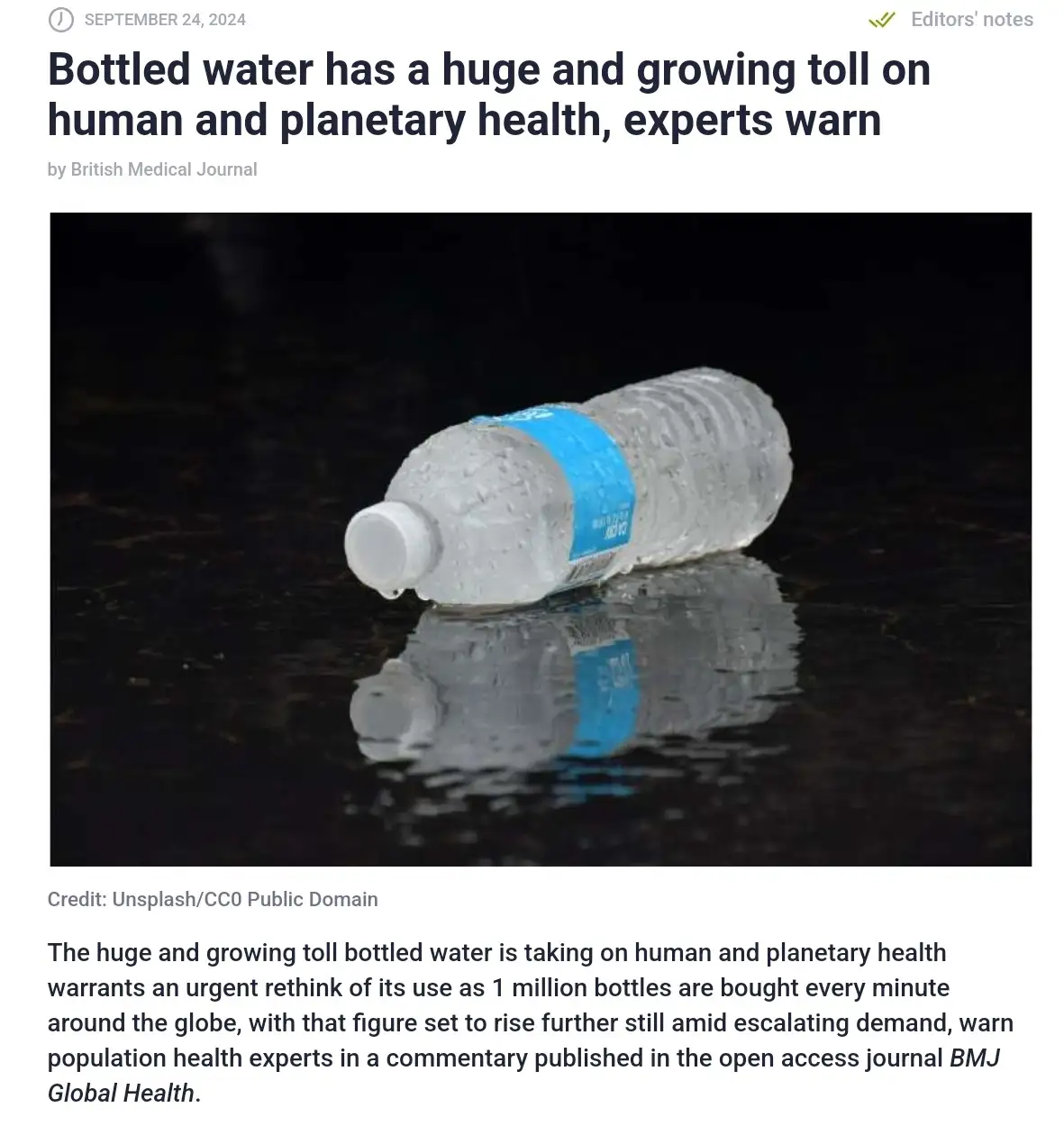 A news article screenshot from the British Medical Journal dated September 24, 2024, features a photo of a single, discarded…