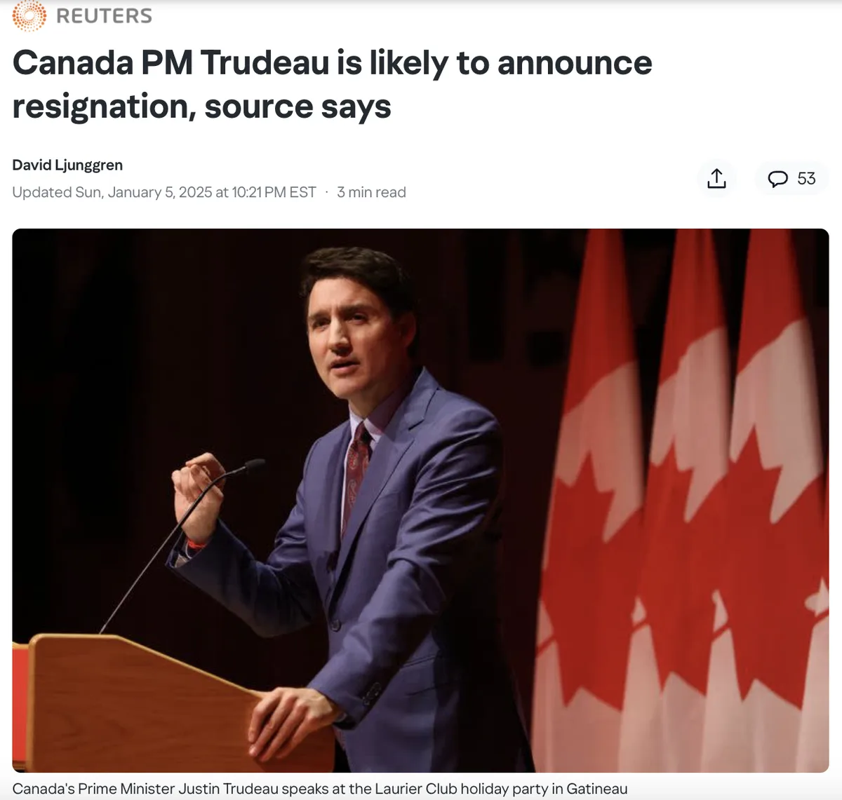 A screenshot of a Reuters news article with a headline about Canada's Prime Minister Justin Trudeau possibly announcing his…