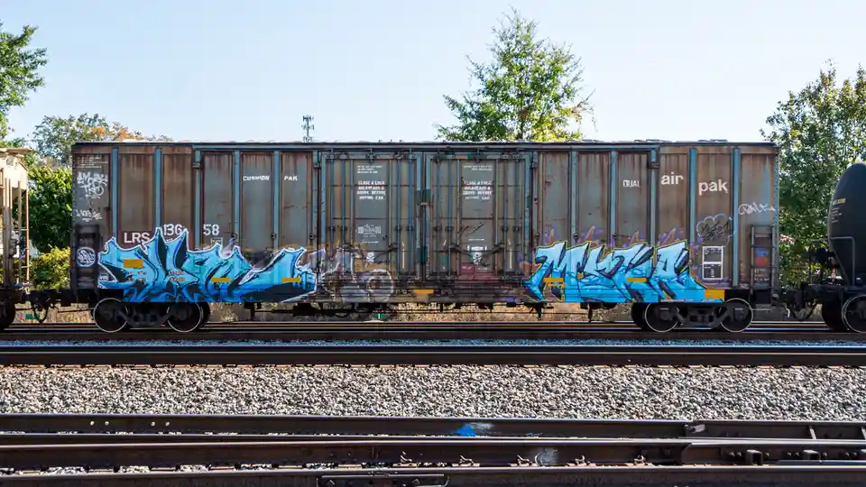 A rusty, graffiti-covered freight train car sits on tracks under a clear sky, with trees in the background. The car has…