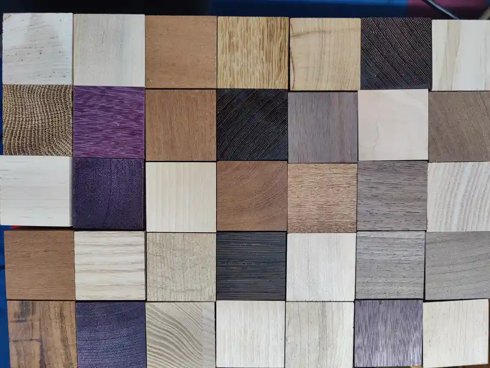 An image displays a grid of square wooden blocks arranged in rows and columns, showcasing a wide variety of natural wood…