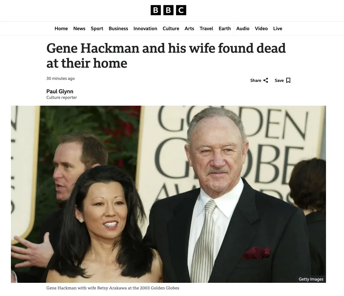 A BBC news article screenshot shows a photo of Gene Hackman and his wife Betsy Arakawa smiling at the 2003 Golden Globes…