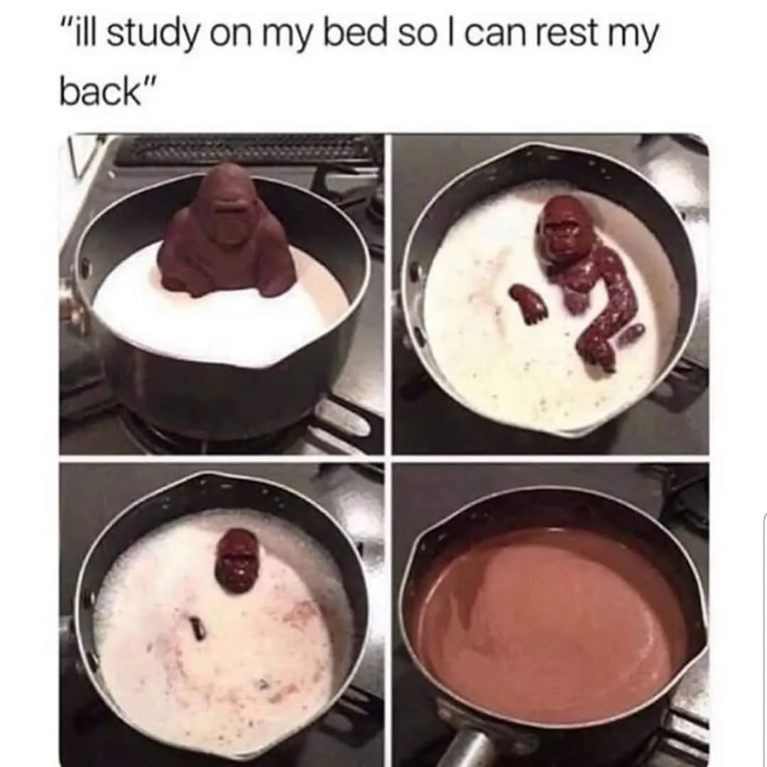 A four-panel image shows a chocolate gorilla figurine being heated in a saucepan with milk. In the first panel, the gorilla…