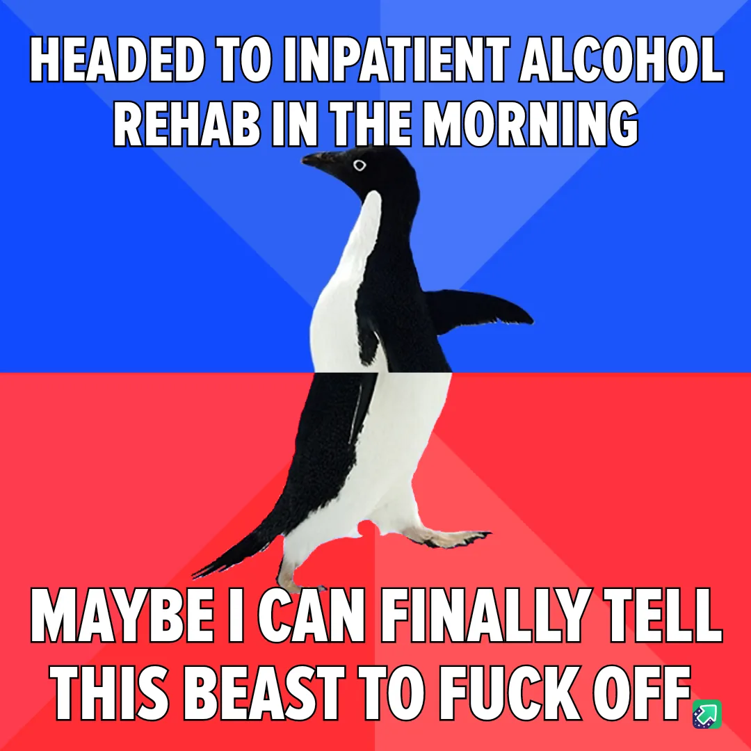 A penguin stands centered against a blue and red background, with bold white text at the top stating 'HEADED TO INPATIENT…