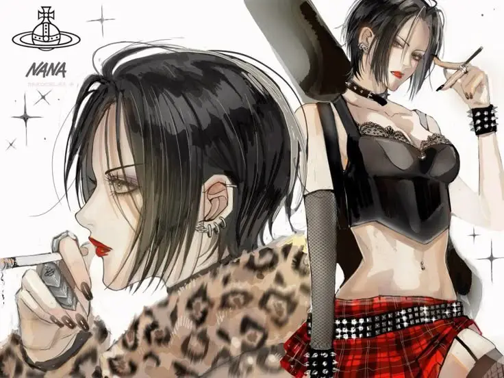 An anime-style illustration of two women, one in profile smoking a cigarette while wearing a leopard-print jacket, the other…