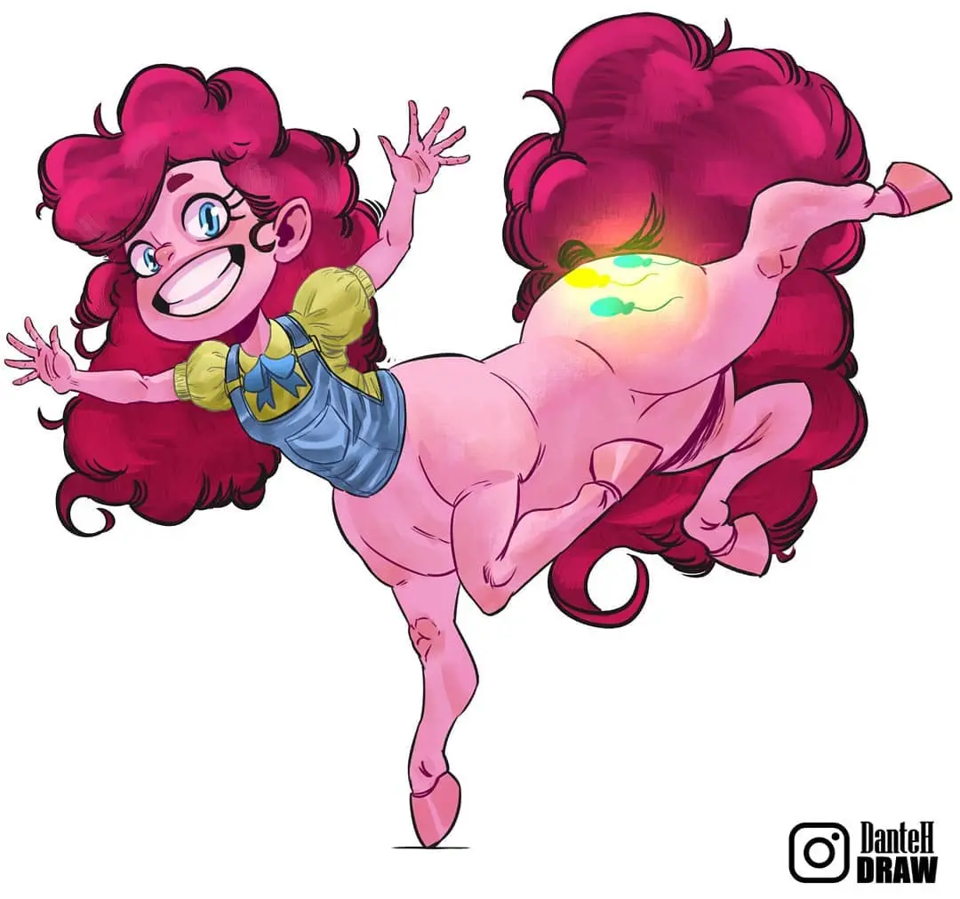 A cartoon girl with bright pink curly hair and blue overalls is depicted mid-leap, her body contorted to show a glowing…