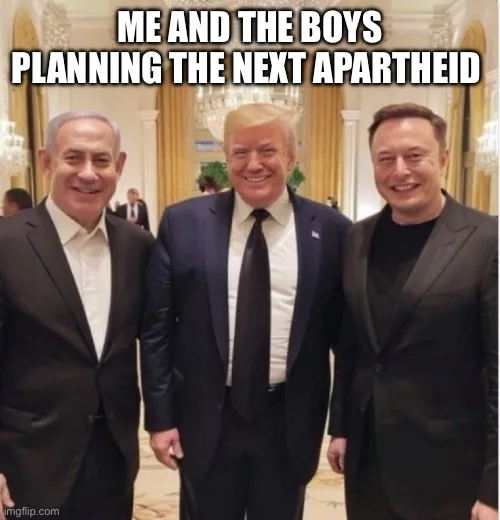 Three men in suits stand smiling together in a formal, ornate hallway. The text overlaid at the top reads 'ME AND THE BOYS…