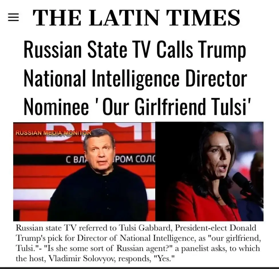 The image mimics a newspaper article from 'THE LATIN TIMES' with a headline about Russian State TV calling Tulsi Gabbard…
