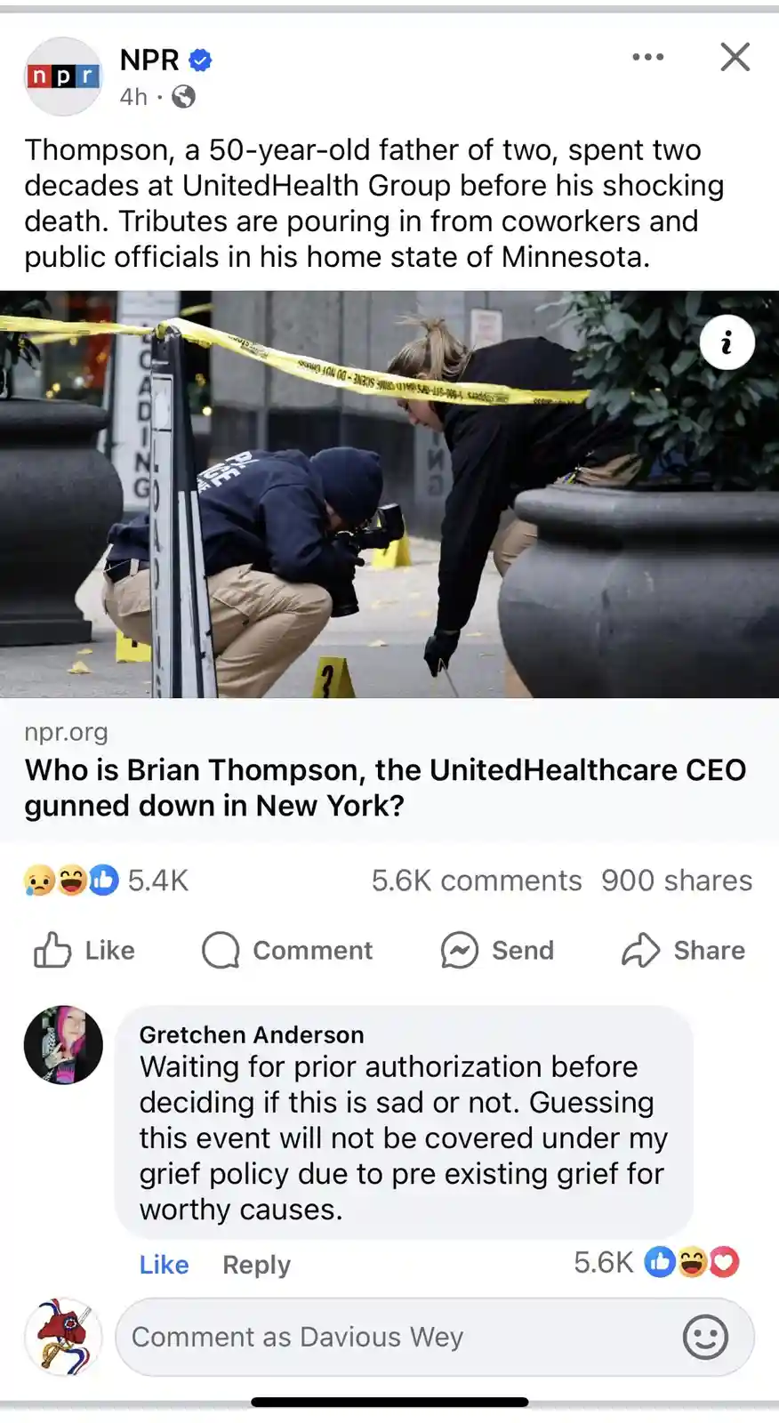 An NPR Facebook post about the death of UnitedHealthcare CEO Brian Thompson is shown, featuring a photo of crime scene…