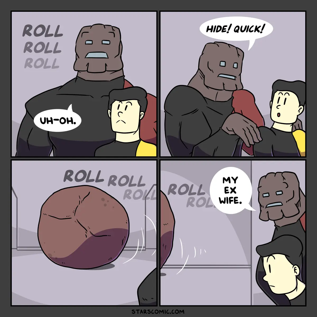 A four-panel comic shows a large, stone-faced character and a smaller human companion. The stone character says 'ROLL ROLL…
