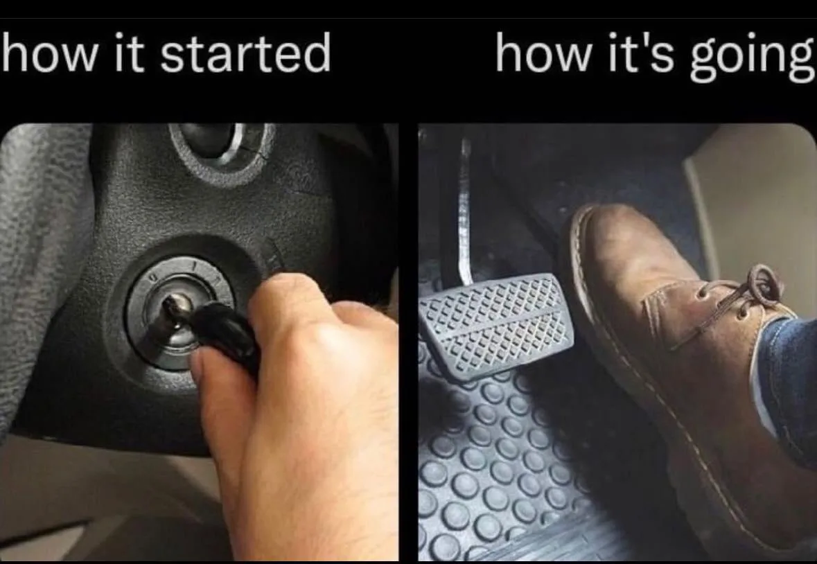 The image is split into two panels. Left: A hand inserts a key into a car's ignition. Right: A foot in a brown boot presses…