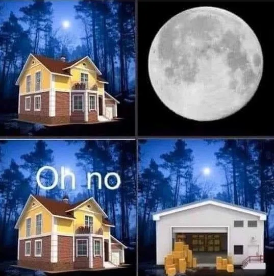 A four-panel image shows a yellow house in a forest at night under a full moon. The second panel is a close-up of the full…