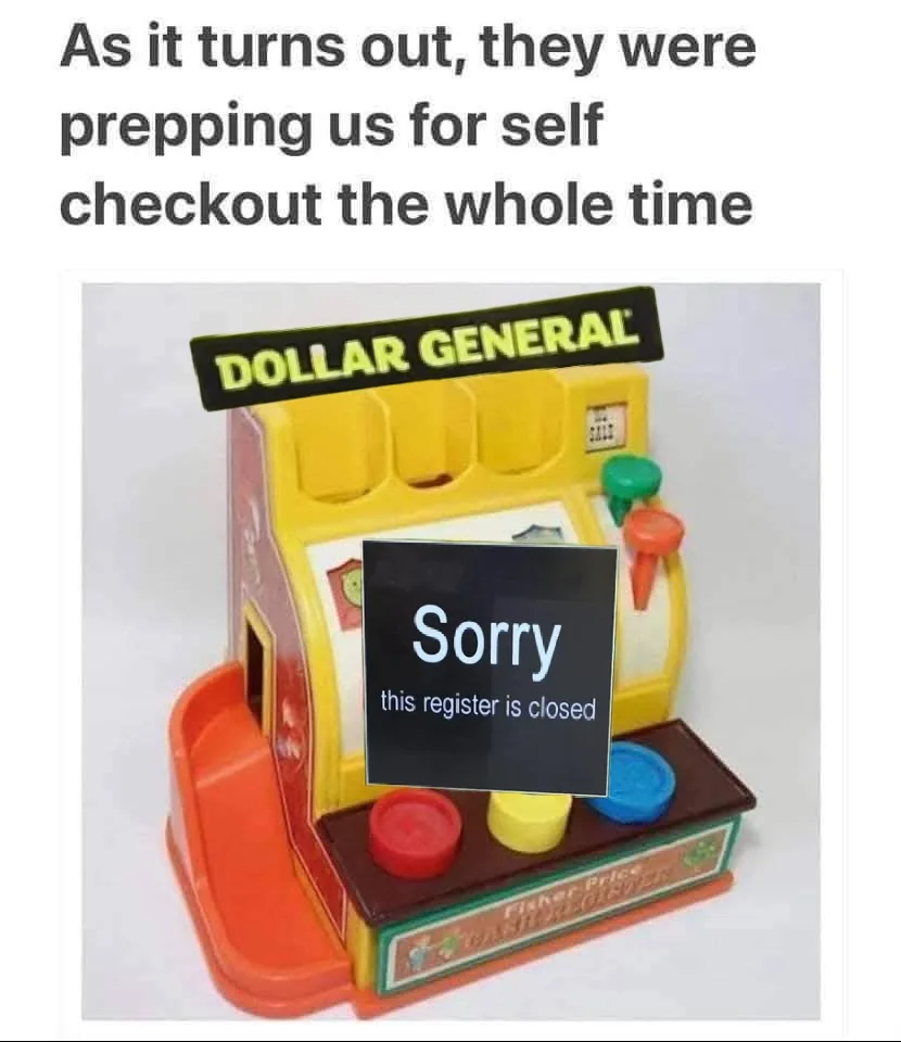 A Fisher-Price toy cash register labeled 'DOLLAR GENERAL' has a digital screen overlayed on it that reads 'Sorry this…