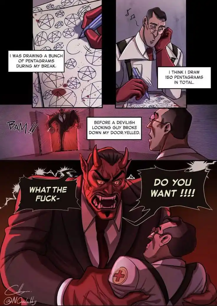 A comic strip shows a man drawing pentagrams during his break, then a devil breaks down his door. The man is startled and…