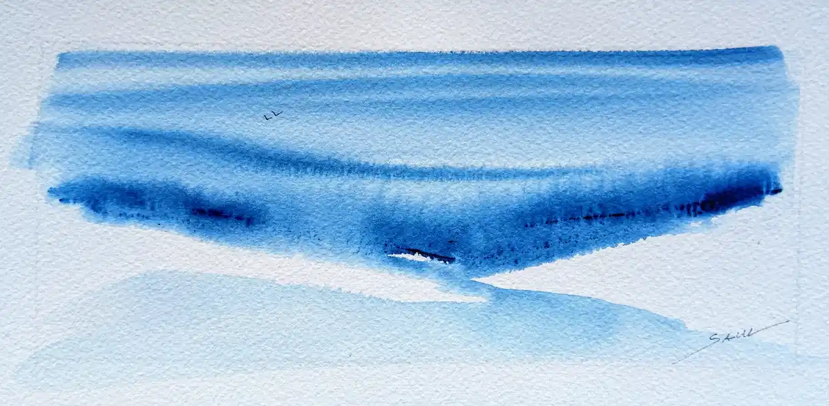 A watercolor painting on textured white paper shows horizontal bands of blue pigment fading from dark to light, resembling a…