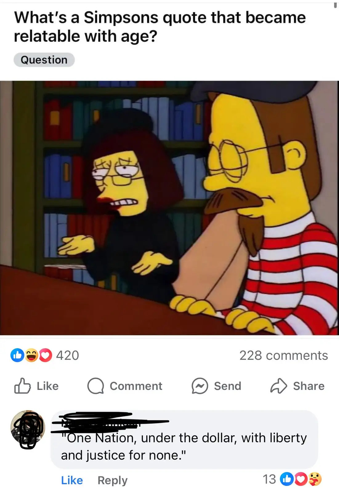 A screenshot of a Facebook post asking for a Simpsons quote that became relatable with age, showing characters from The…
