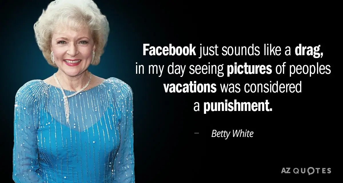 A portrait of Betty White smiling, wearing a blue sequined dress and pearl jewelry, with white text overlaid on a dark…
