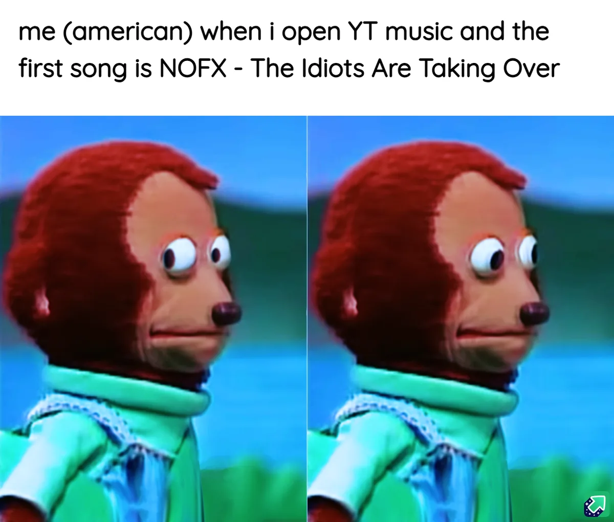 The image shows a split-screen of a red-haired, green-clothed puppet monkey with wide, startled eyes, looking to the side…