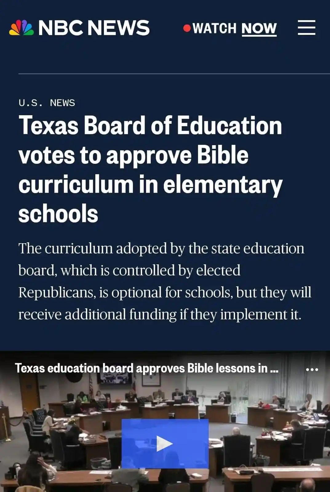 A screenshot of an NBC News article headline about the Texas Board of Education approving a Bible curriculum for elementary…