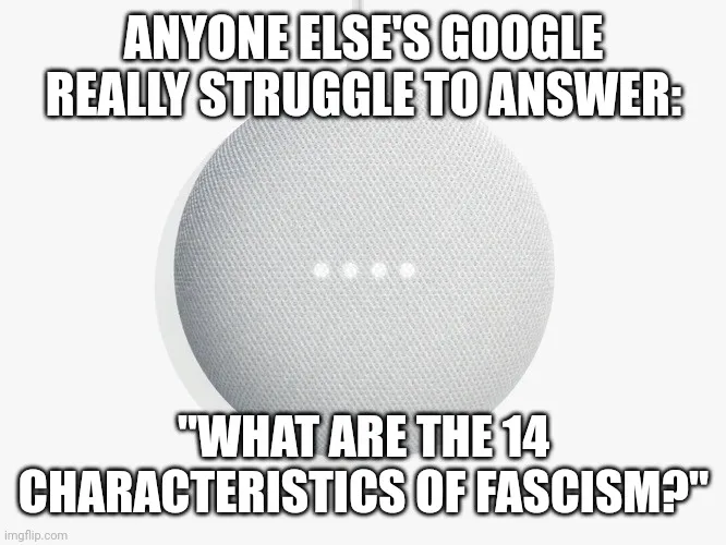 A white Google Nest smart speaker is shown with four blinking white dots indicating it is processing a request. Overlaid…