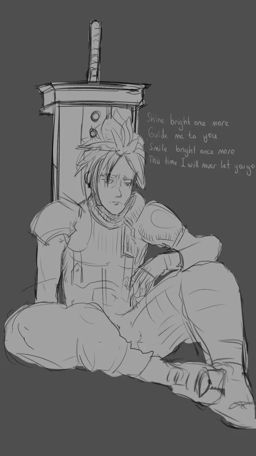 A grayscale sketch shows a male anime character in armor sitting on the floor with a large sword standing upright behind…