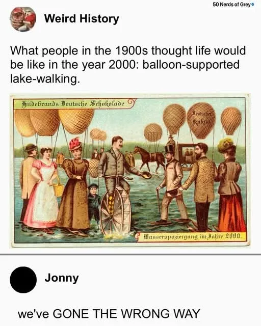 An antique-style illustration depicts people in 1900s clothing standing in water, some on skis, while large woven…