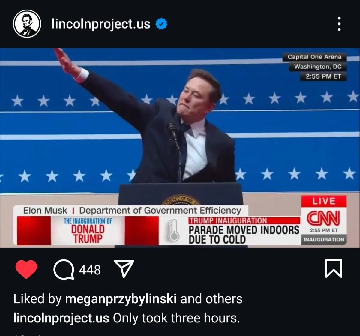 A man resembling Elon Musk stands at a podium with a presidential seal, raising his right arm in a gesture. The background…