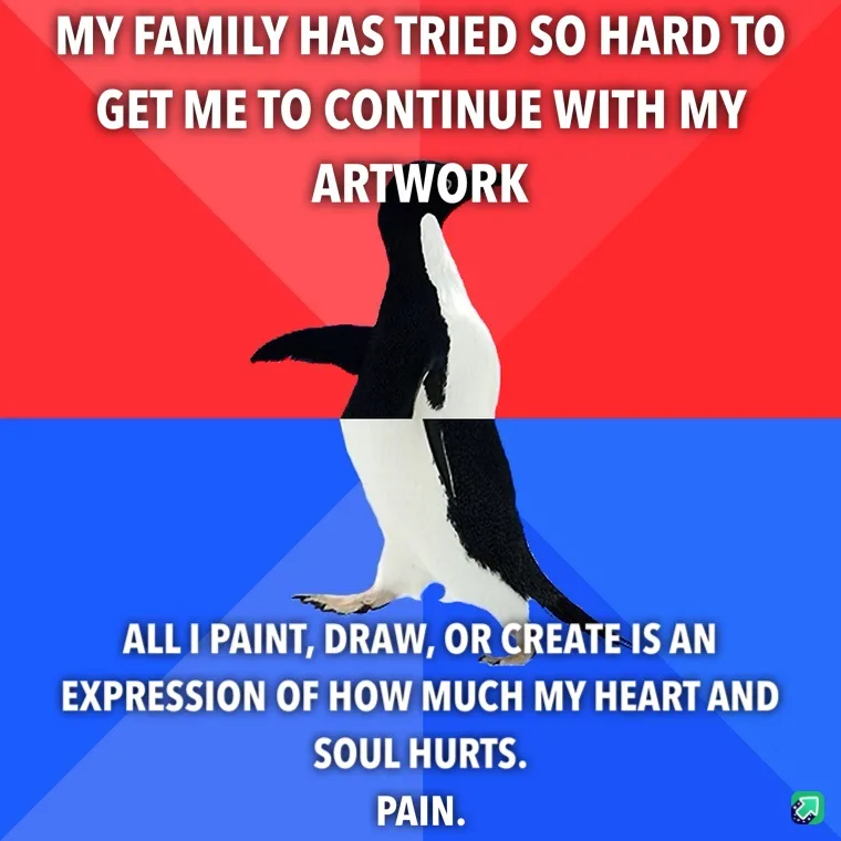 A penguin stands upright against a red and blue background, with white text overlaid in two sections. The top text reads 'MY…